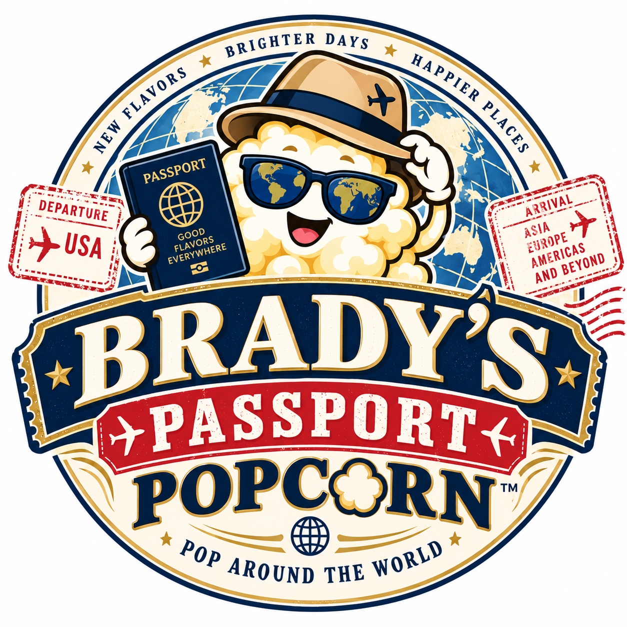 Brady’s popcorn explorer mascot holding a passport